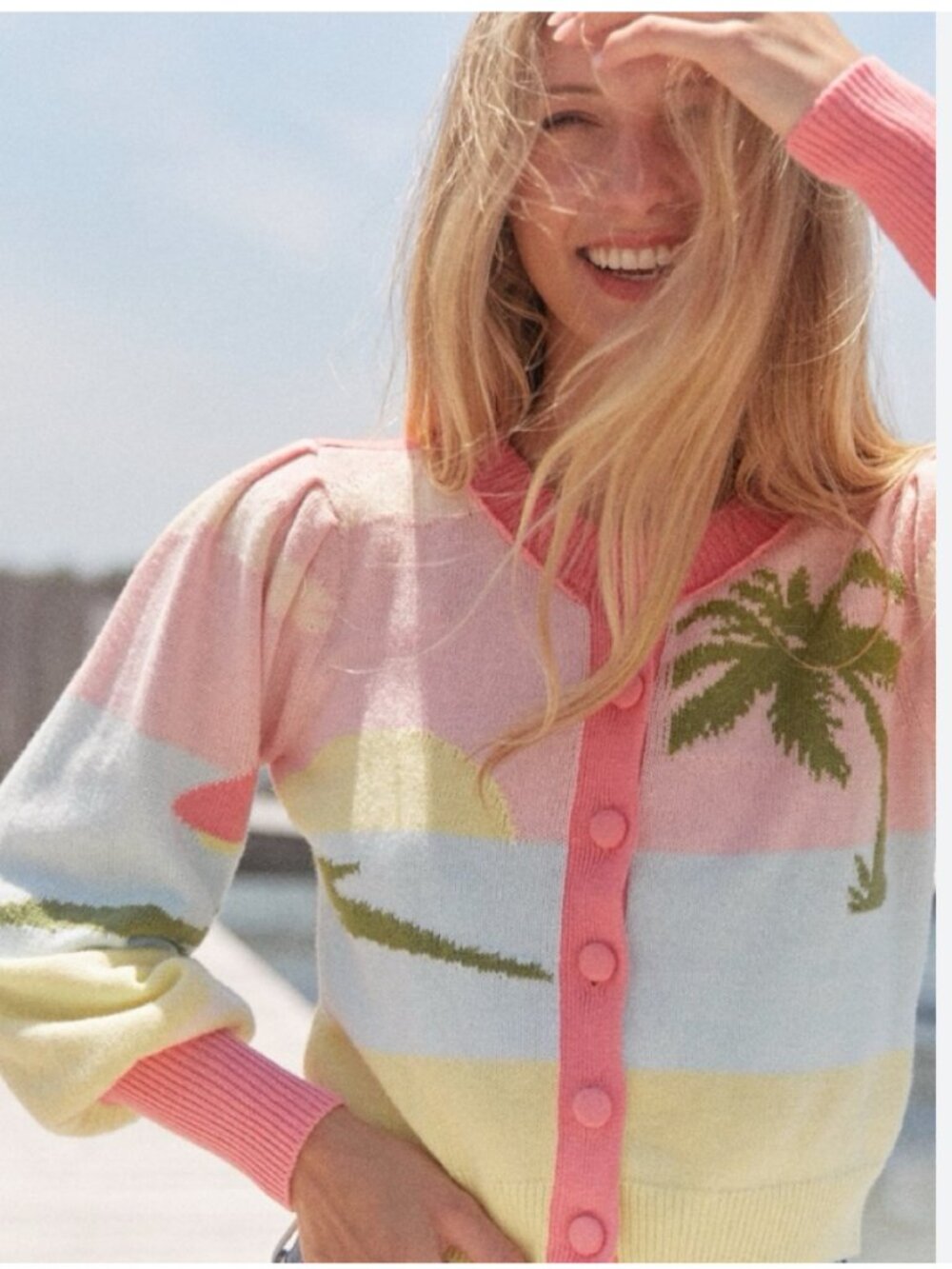LoveShackFancy Knit Cotton Wool Dabney Cardigan Montauk Sand Palm Tree Sweater M